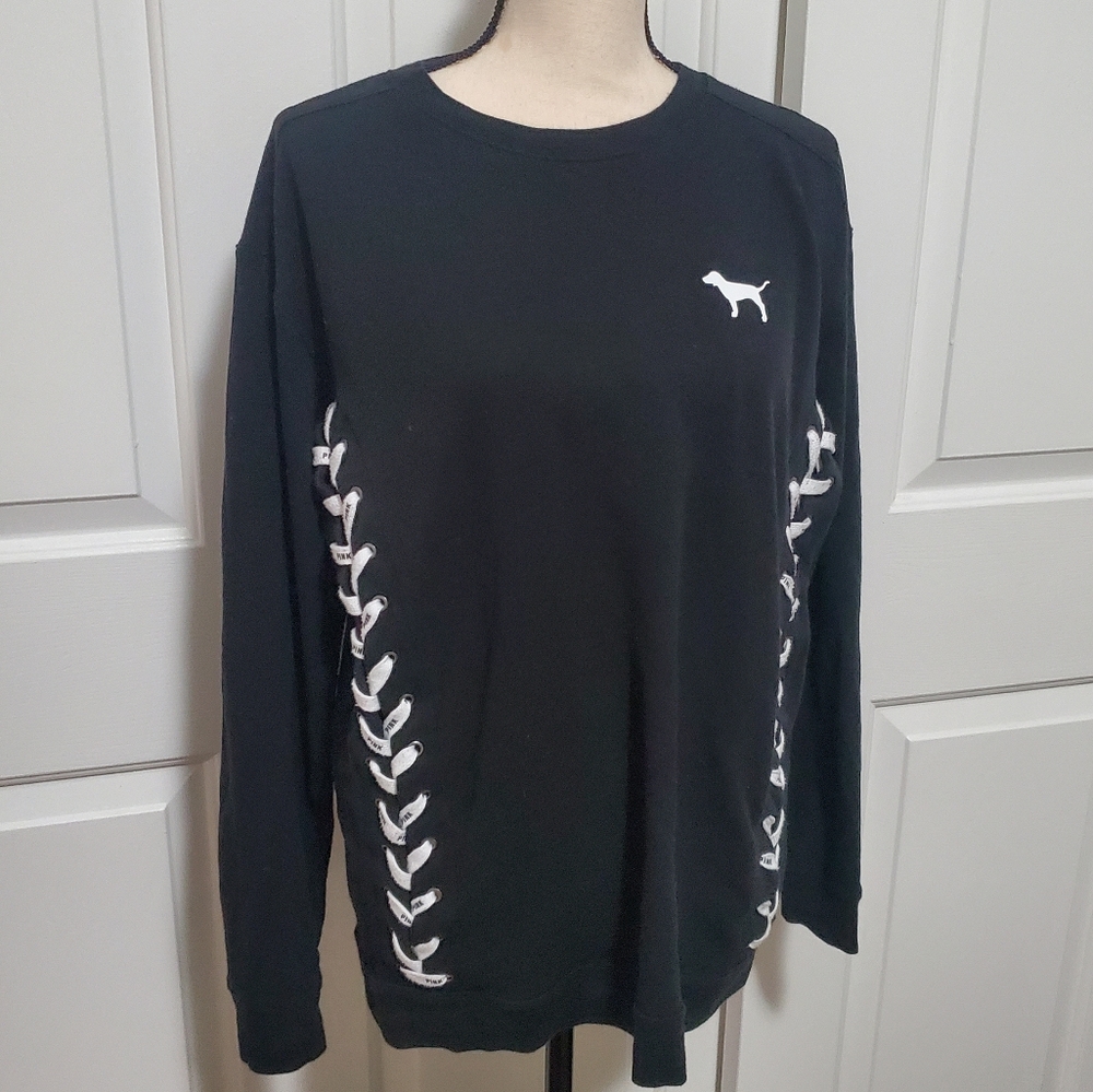 PINK Victoria's Secret Lace Up Side Crewneck Sweatshirt in Black